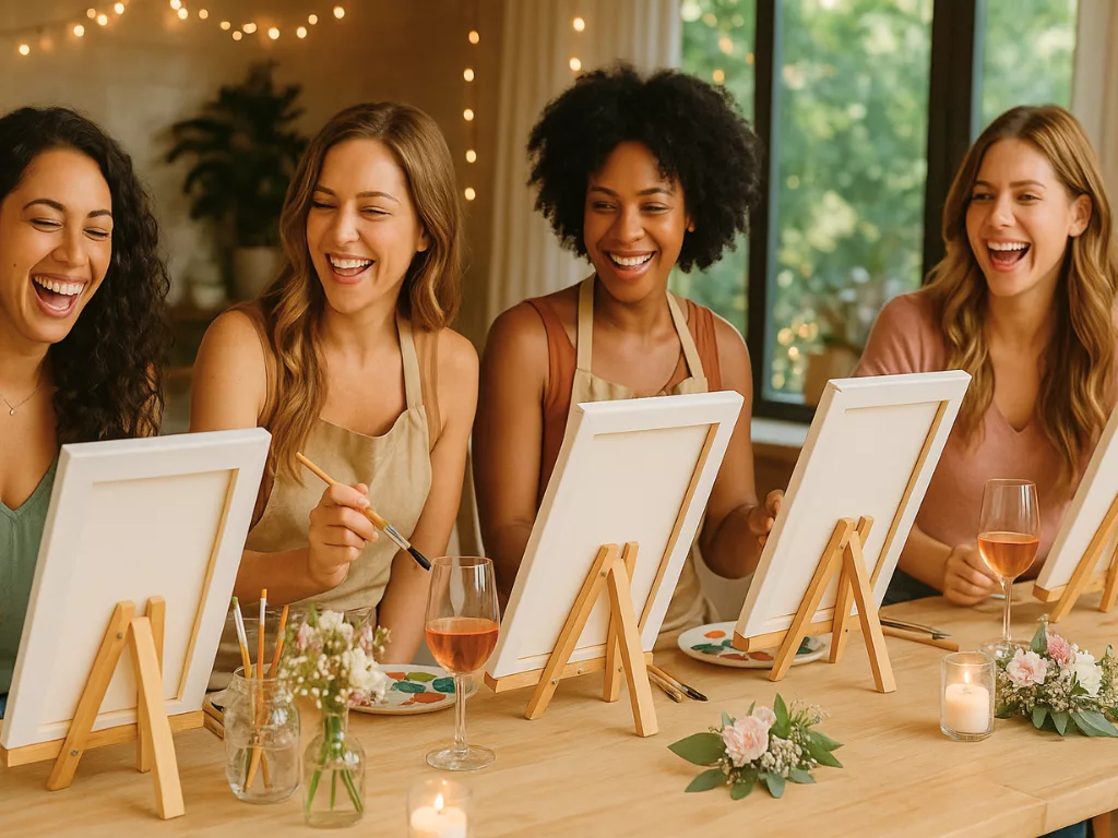 Eine Gruppe junger Frauen hat Spaß beim Drink and Paint
