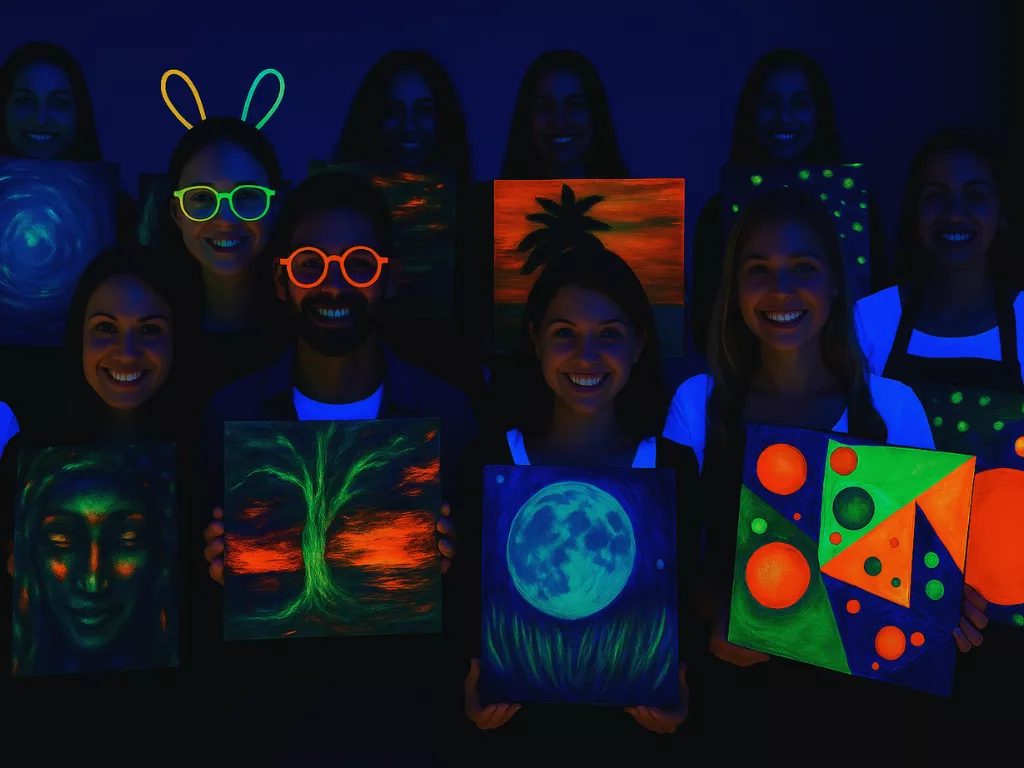 Eine Gruppe von jungen Leuten zeigt die Bilder die sie auf einem Paint in the Dark mit Neon Farben gemalt haben