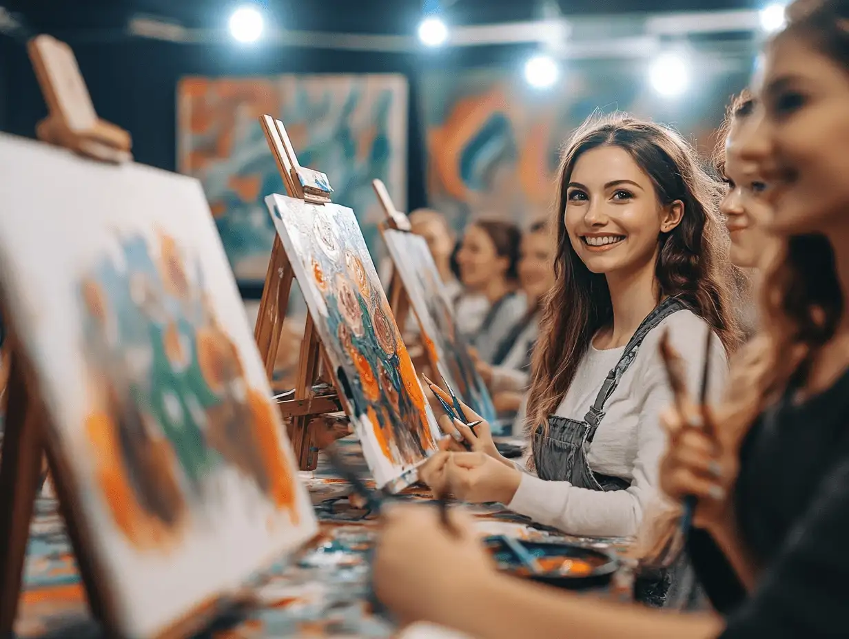 Eine Gruppe Mädels feiert eine Geburtstagsparty mit einem Drink and Paint Event