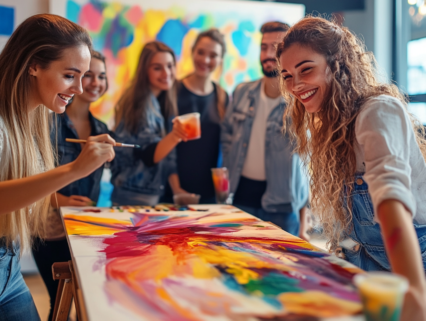 Eine Gruppe hat sichtlich Spaß bei ihrem Sip&Paint Teamevent