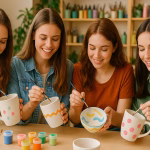 Keramik bemalen Heidelberg: hier bemalt ein Junggesellinnenabschied Tassen und Schüsseln