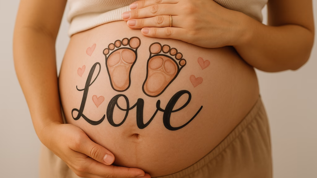 Sanft beleuchtete Szene mit Pinseln, pastellfarbenen Bodypainting-Farben und zarten Herzmotiven – symbolisch für das kreative Babybauch bemalen lassen in der Schwangerschaft.