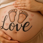 Sanft beleuchtete Szene mit Pinseln, pastellfarbenen Bodypainting-Farben und zarten Herzmotiven – symbolisch für das kreative Babybauch bemalen lassen in der Schwangerschaft.