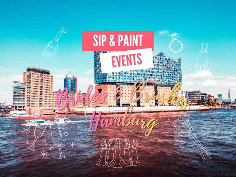 Brides & Brushes - die Sip and Paint Party für den JGA in Hamburg - hier ist das Konzerthaus vor dem Fluss mit Aufschriften und verschiedenen Icons zu sehen.